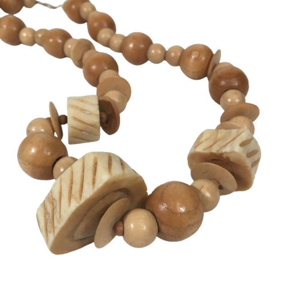 Coconut Shell Wood Bead Bone Necklace 26" Handmade Lg Chunky Boho VTG Statement